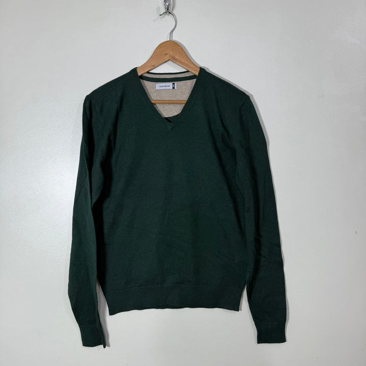 EASY WEAR V NECK COTTON SWEATER GREEN COLOUR