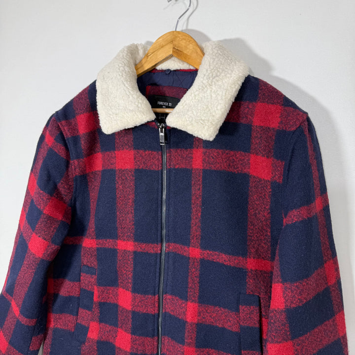FOREVER 21 MEN FLANNEL CHECKERED INNER QUILTED JACKET WITH DETACHABLE COLLAR
