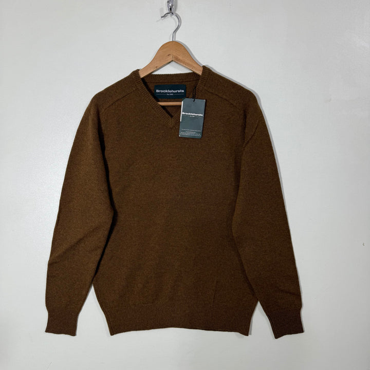 BROCKLEHURSTS V NECK LAMBSWOOL SWEATER BRAND NEW BROWN
