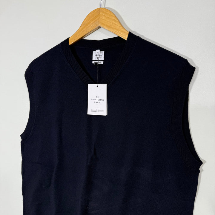AU PRINTEMPS PARIS V NECK LAINE MERINO SLEEVES LESS SWEATER BRAND NEW