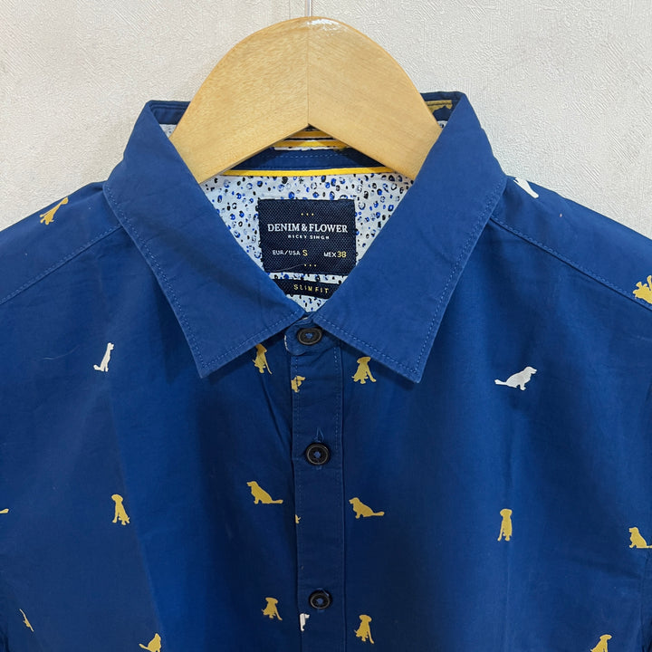 DENIM & FLOWER HALF SLEEVES COTTON SHIRT