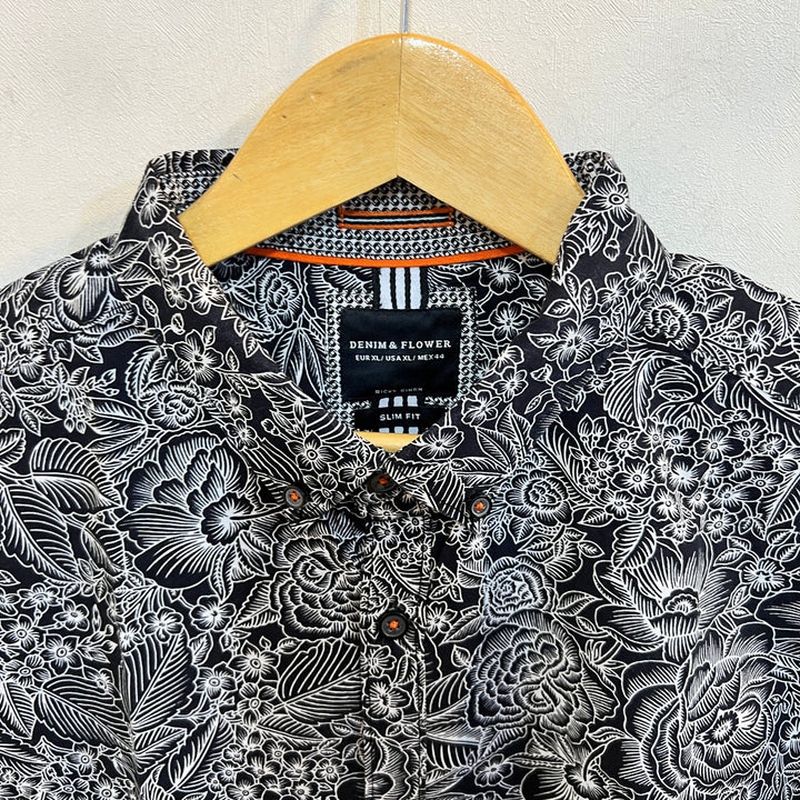 DENIM & FLOWER HALF SLEEVES COTTON SHIRT
