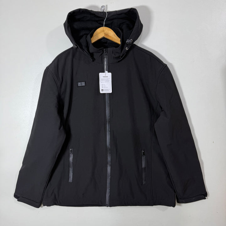 NOMAKK SOFT SHELL HEATED WINDBREAKER JACKET INNER FLEECE WITH DETACHABLE HOOD BLACK COLOUR