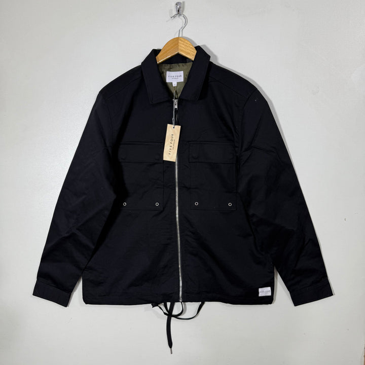 FIVE FOUR LOS ANGELES COTTON BLEND CANVAS CARGO ZIP FRONT JACKET BLACK COLOUR