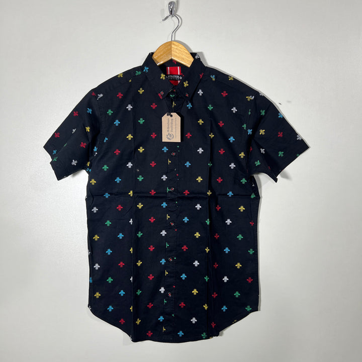 RAW YARN BUTTON OHALF SLEEVES SHIRT