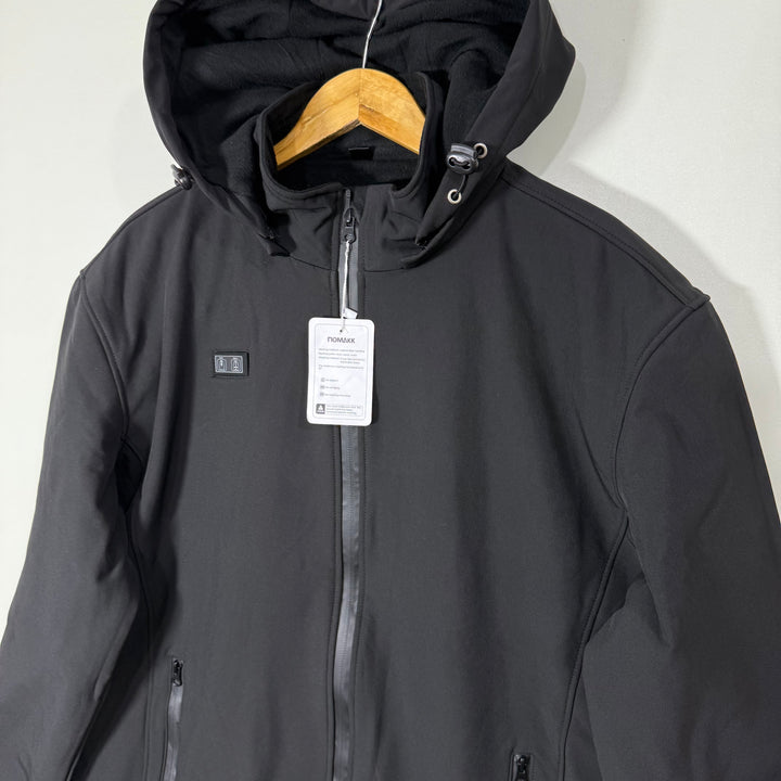 NOMAKK SOFT SHELL HEATED WINDBREAKER JACKET INNER FLEECE WITH DETACHABLE HOOD BLACK COLOUR
