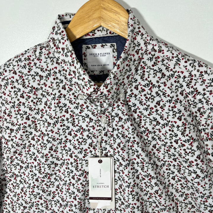 DENIM & FLOWER BUTTON DOWN PRINTED SHIRT BRAND NEW WITH STRETCH