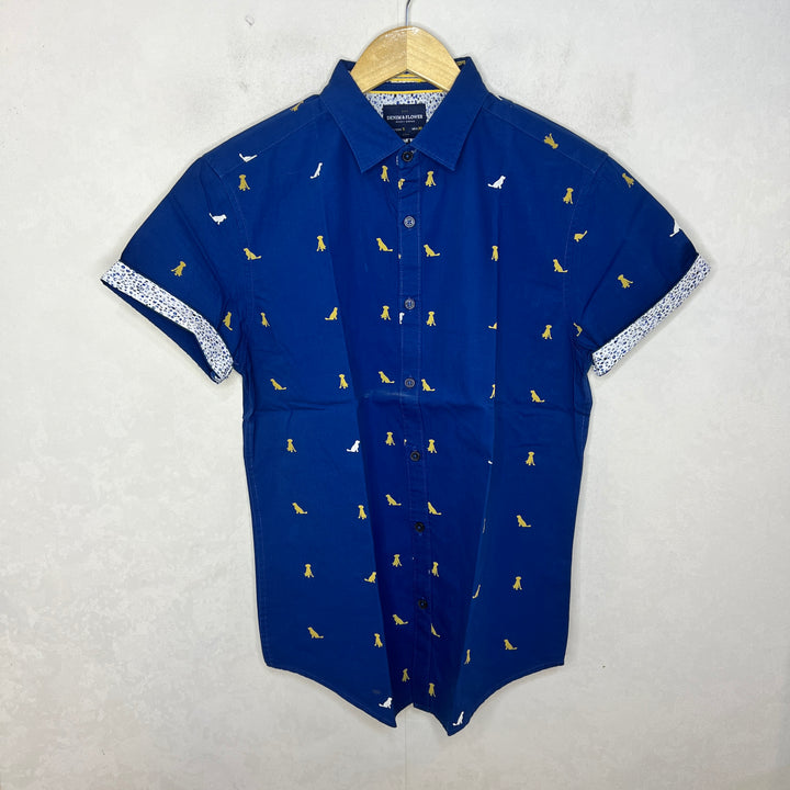 DENIM & FLOWER HALF SLEEVES COTTON SHIRT
